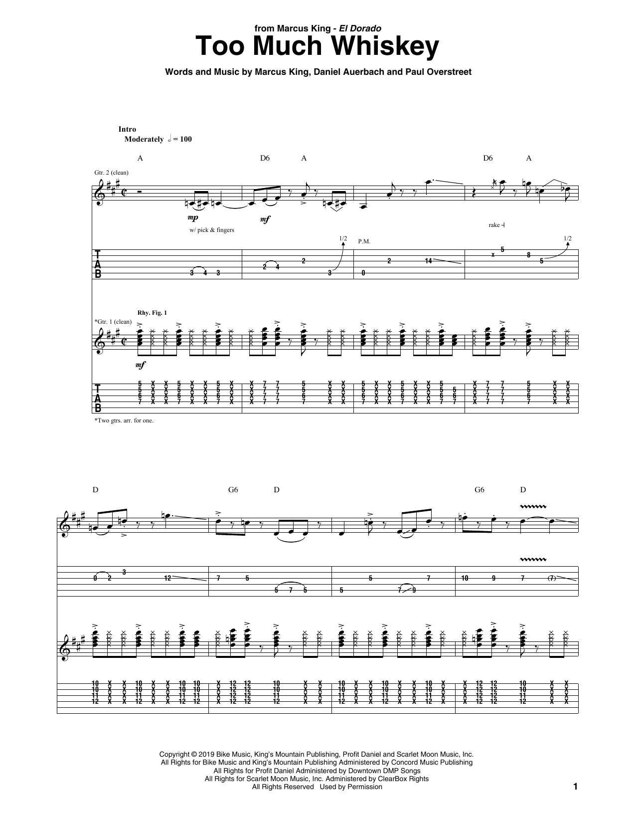Marcus King Too Much Whiskey Sheet Music Notes & Chords for Guitar Tab - Download or Print PDF