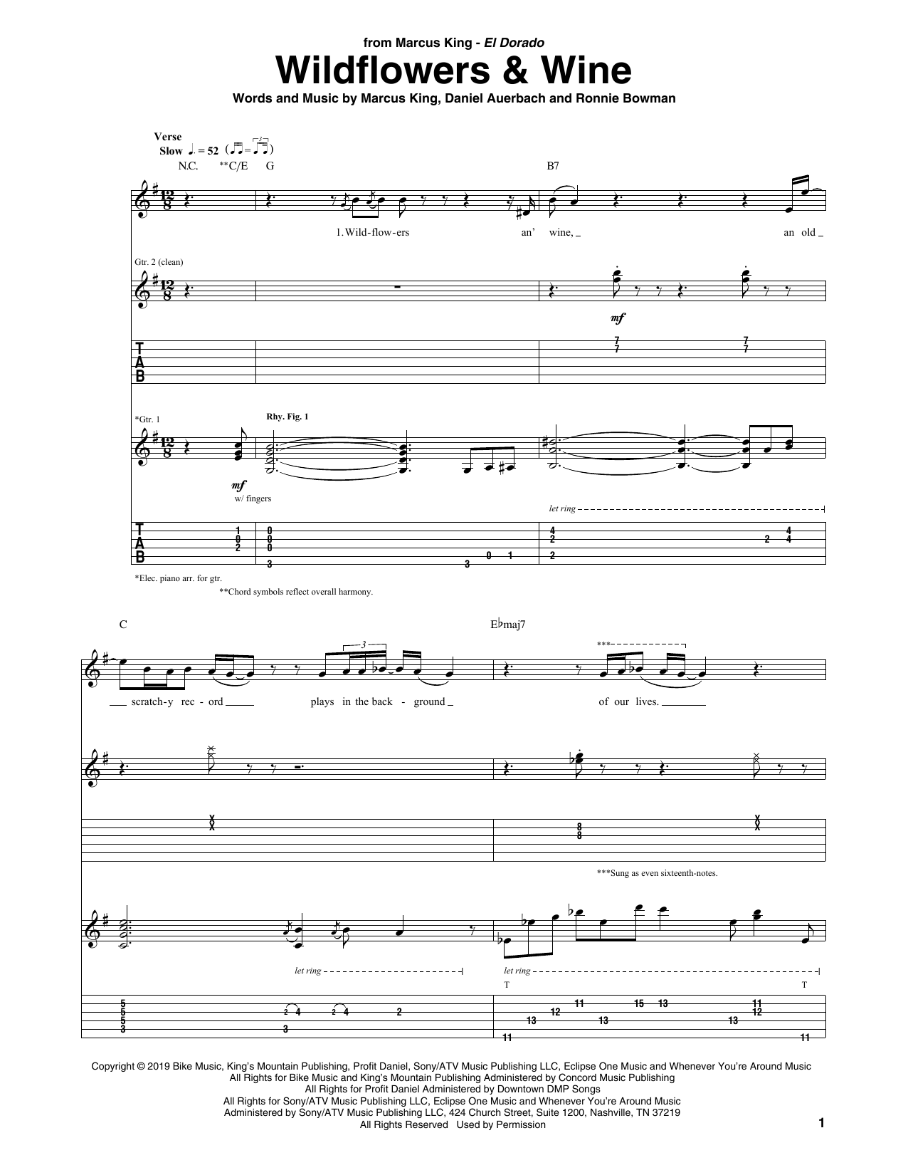 Marcus King Wildflowers & Wine Sheet Music Notes & Chords for Guitar Tab - Download or Print PDF