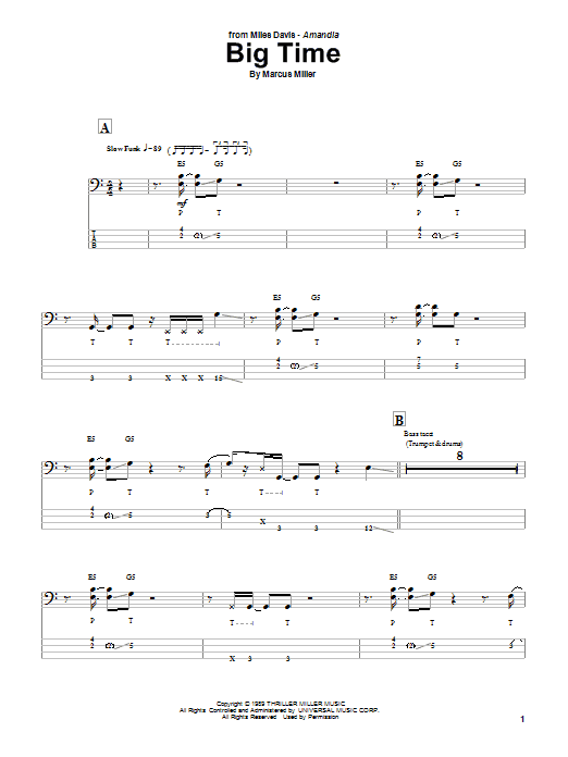 Marcus Miller Big Time Sheet Music Notes & Chords for Bass Guitar Tab - Download or Print PDF