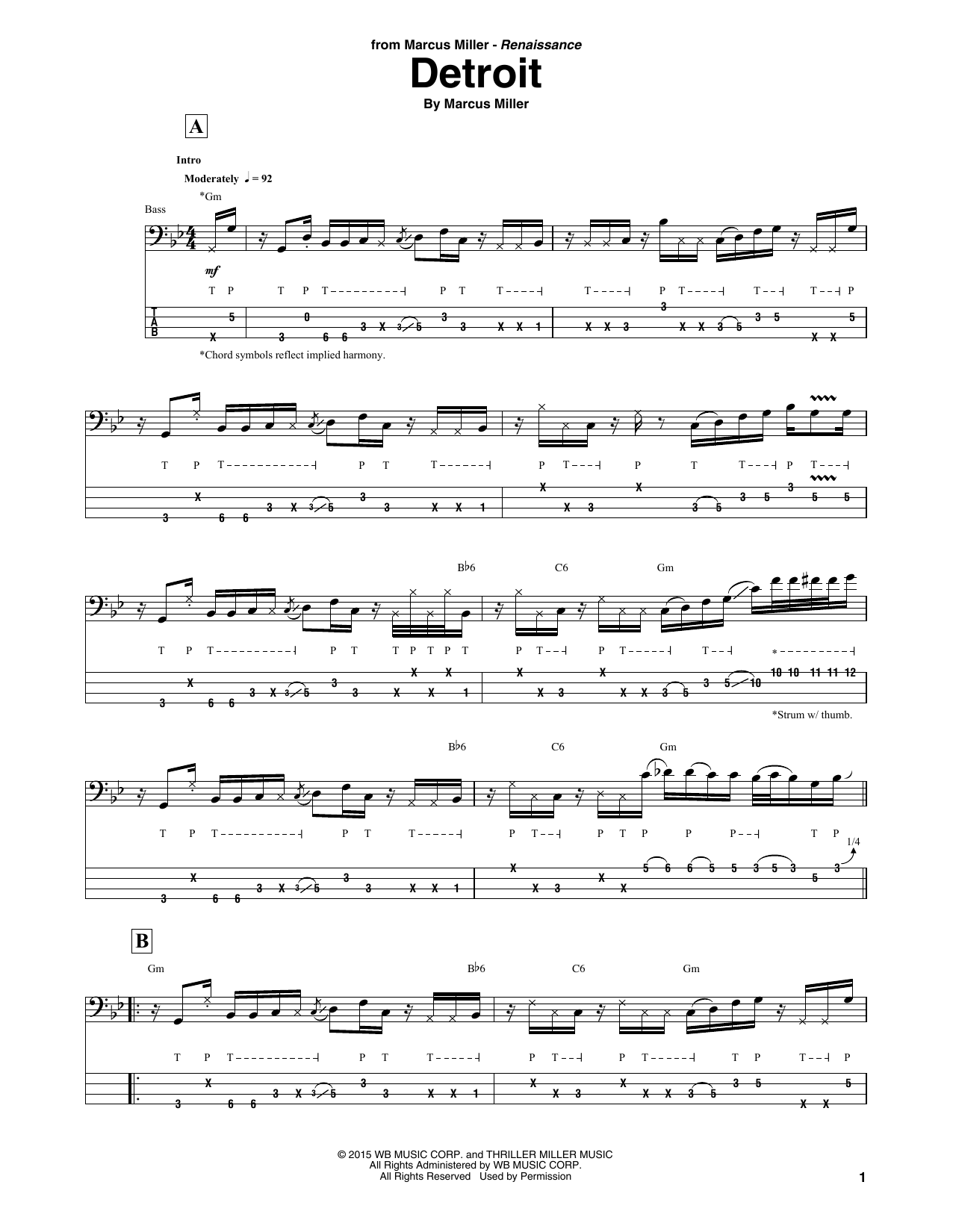 Marcus Miller Detroit Sheet Music Notes & Chords for Bass Guitar Tab - Download or Print PDF