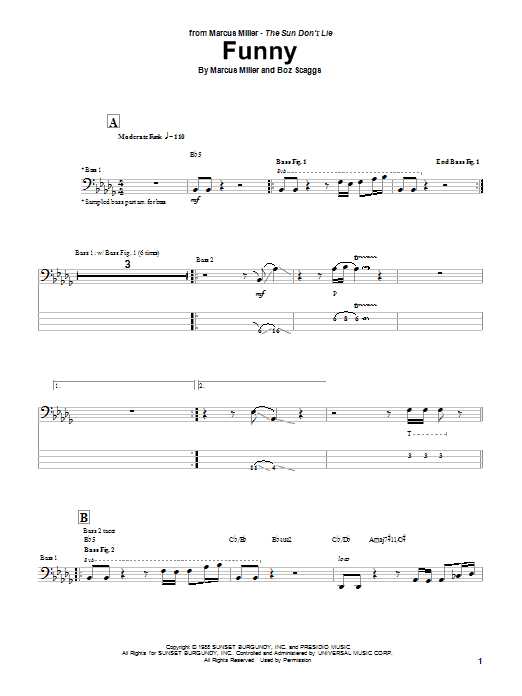 Marcus Miller Funny Sheet Music Notes & Chords for Bass Guitar Tab - Download or Print PDF