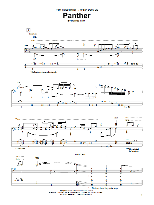 Marcus Miller Panther Sheet Music Notes & Chords for Bass Guitar Tab - Download or Print PDF