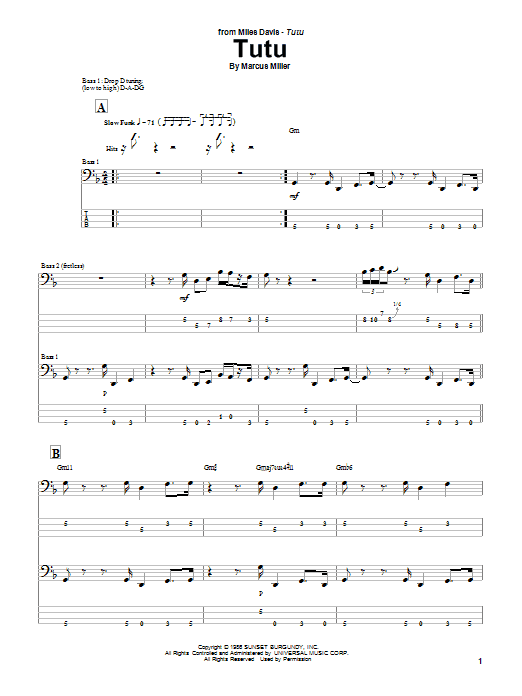 Marcus Miller Tutu Sheet Music Notes & Chords for Bass Guitar Tab - Download or Print PDF
