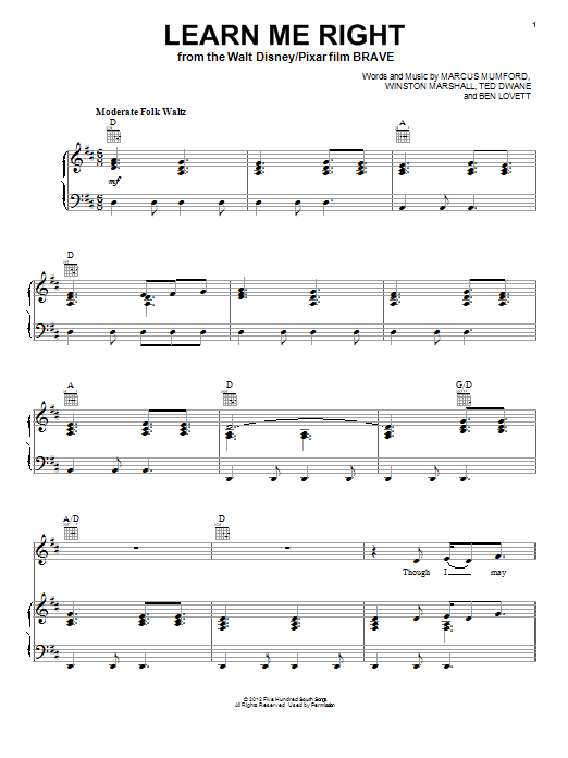 Marcus Mumford Learn Me Right Sheet Music Notes & Chords for Piano, Vocal & Guitar (Right-Hand Melody) - Download or Print PDF