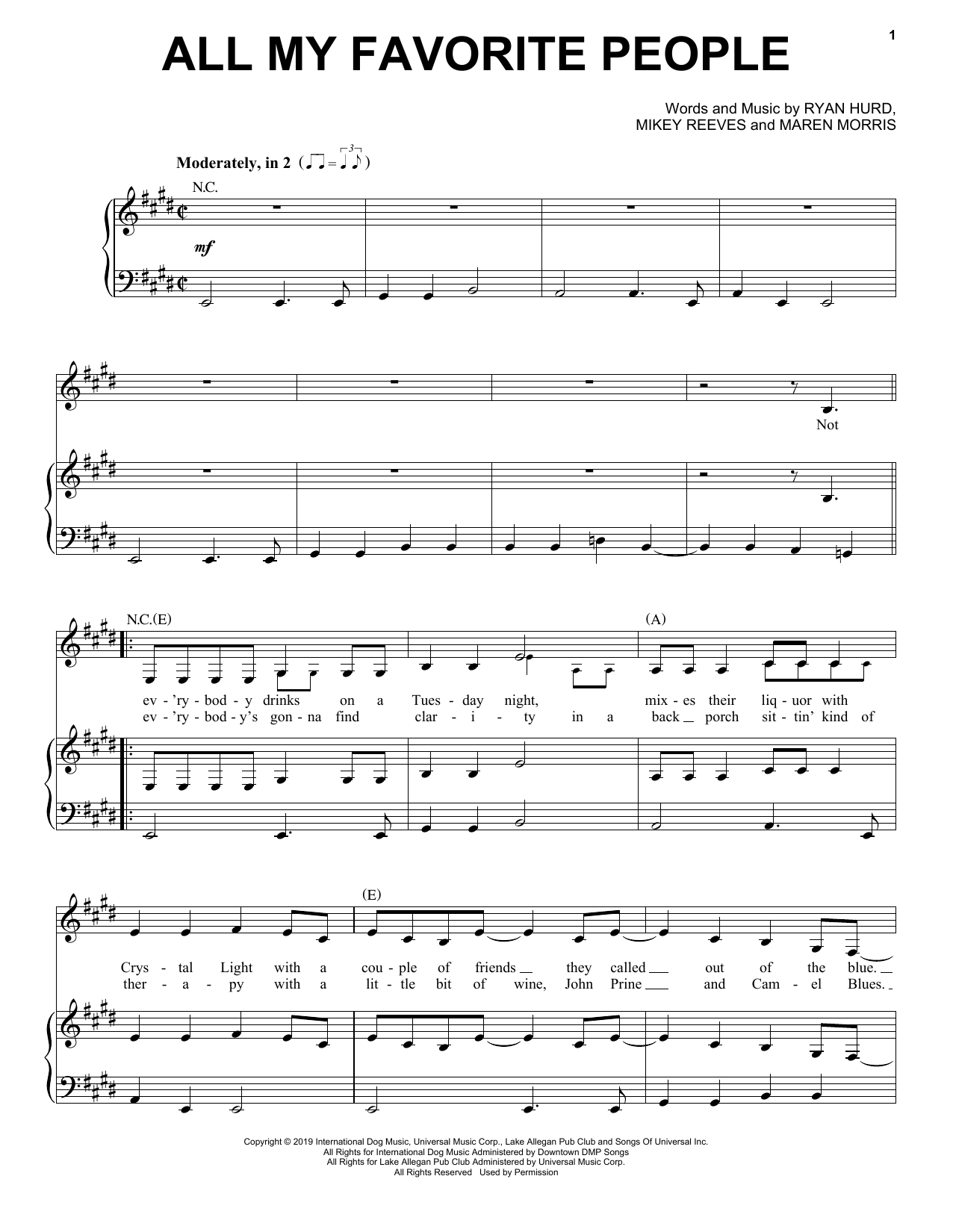 Maren Morris All My Favorite People (feat. Brothers Osborne) Sheet Music Notes & Chords for Piano, Vocal & Guitar (Right-Hand Melody) - Download or Print PDF