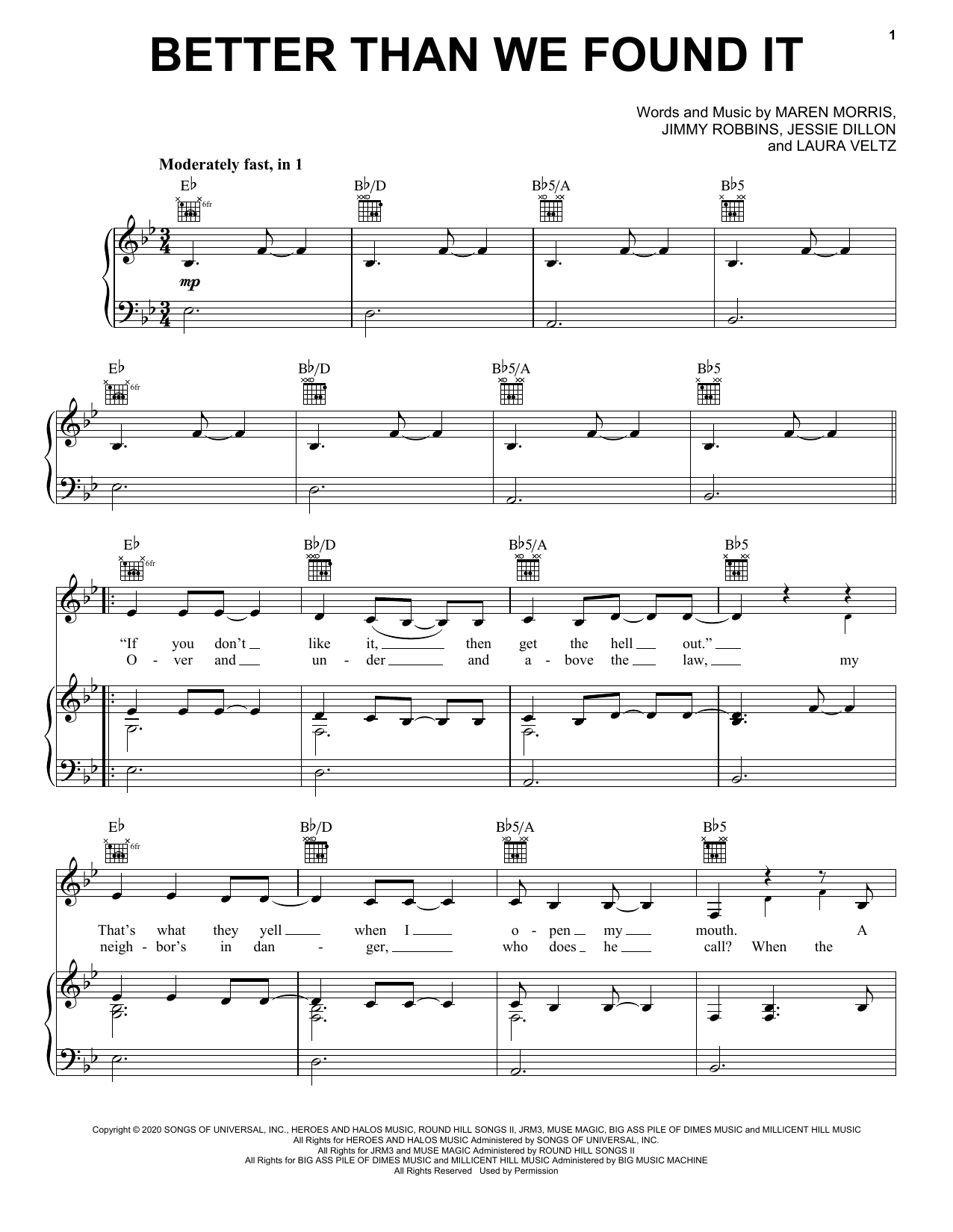 Maren Morris Better Than We Found It Sheet Music Notes & Chords for Piano, Vocal & Guitar Chords (Right-Hand Melody) - Download or Print PDF