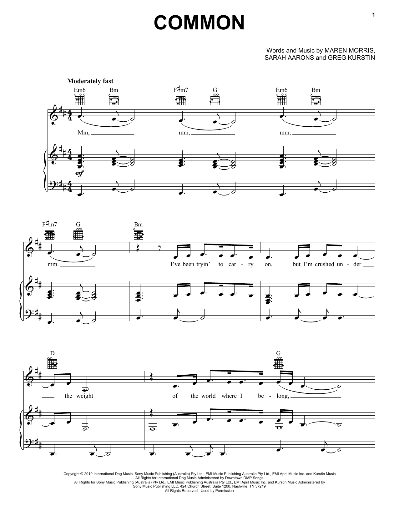 Maren Morris Common (feat. Brandi Carlile) Sheet Music Notes & Chords for Piano, Vocal & Guitar (Right-Hand Melody) - Download or Print PDF