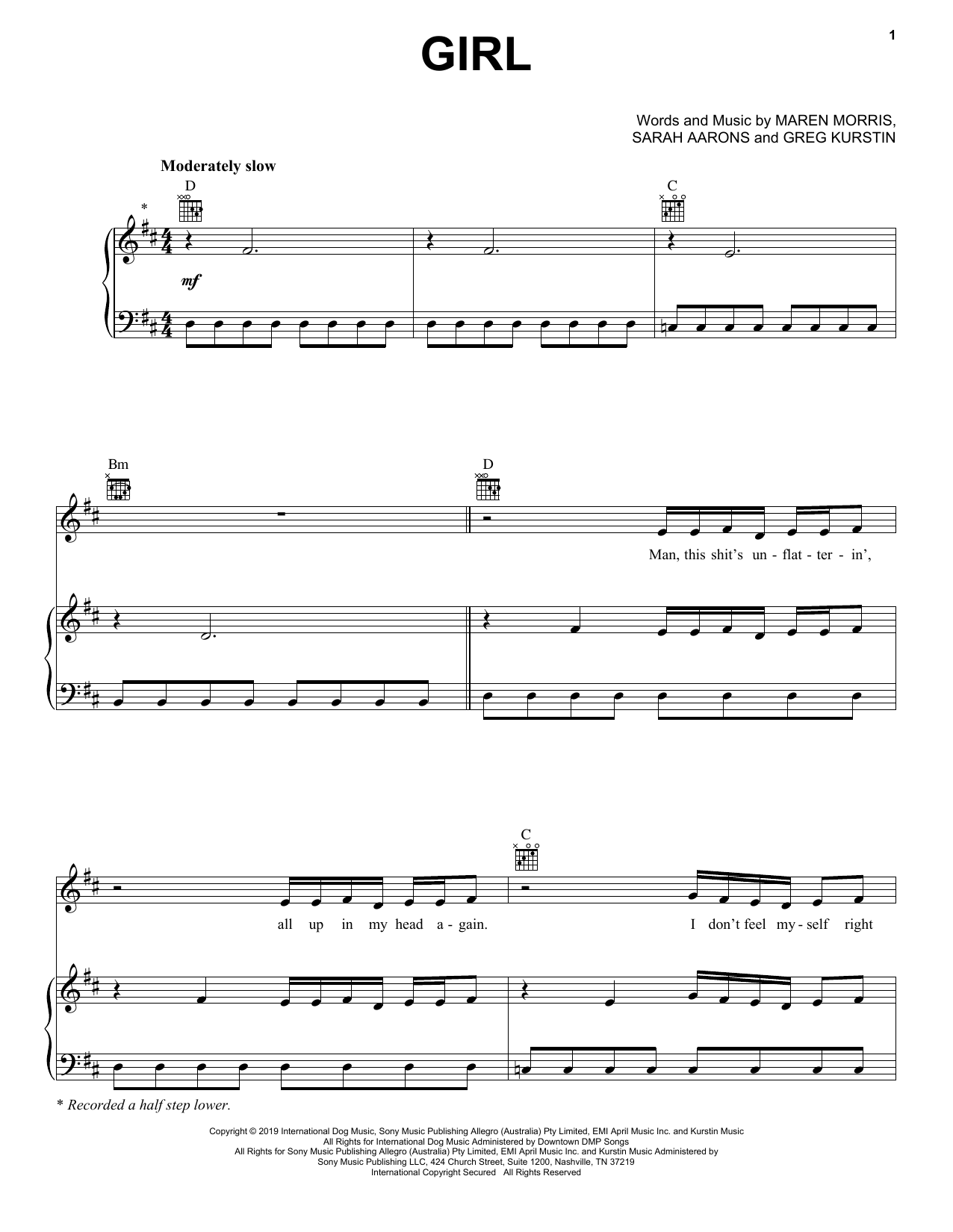 Maren Morris GIRL Sheet Music Notes & Chords for Piano, Vocal & Guitar (Right-Hand Melody) - Download or Print PDF