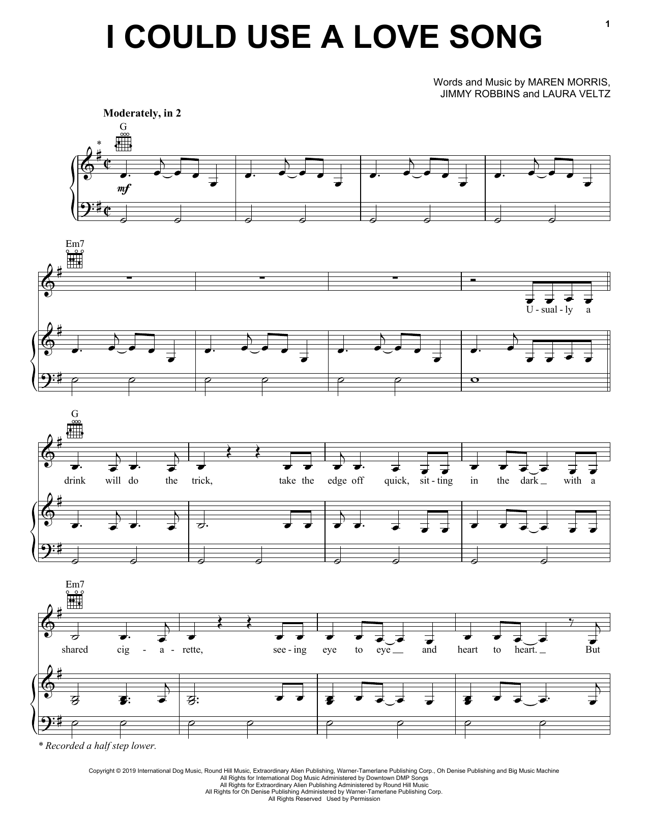 Maren Morris I Could Use A Love Song Sheet Music Notes & Chords for Piano, Vocal & Guitar (Right-Hand Melody) - Download or Print PDF