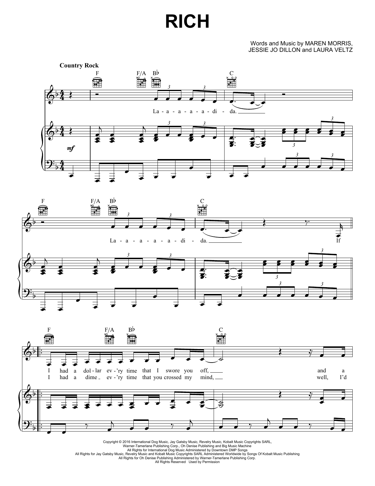 Maren Morris Rich Sheet Music Notes & Chords for Piano, Vocal & Guitar (Right-Hand Melody) - Download or Print PDF
