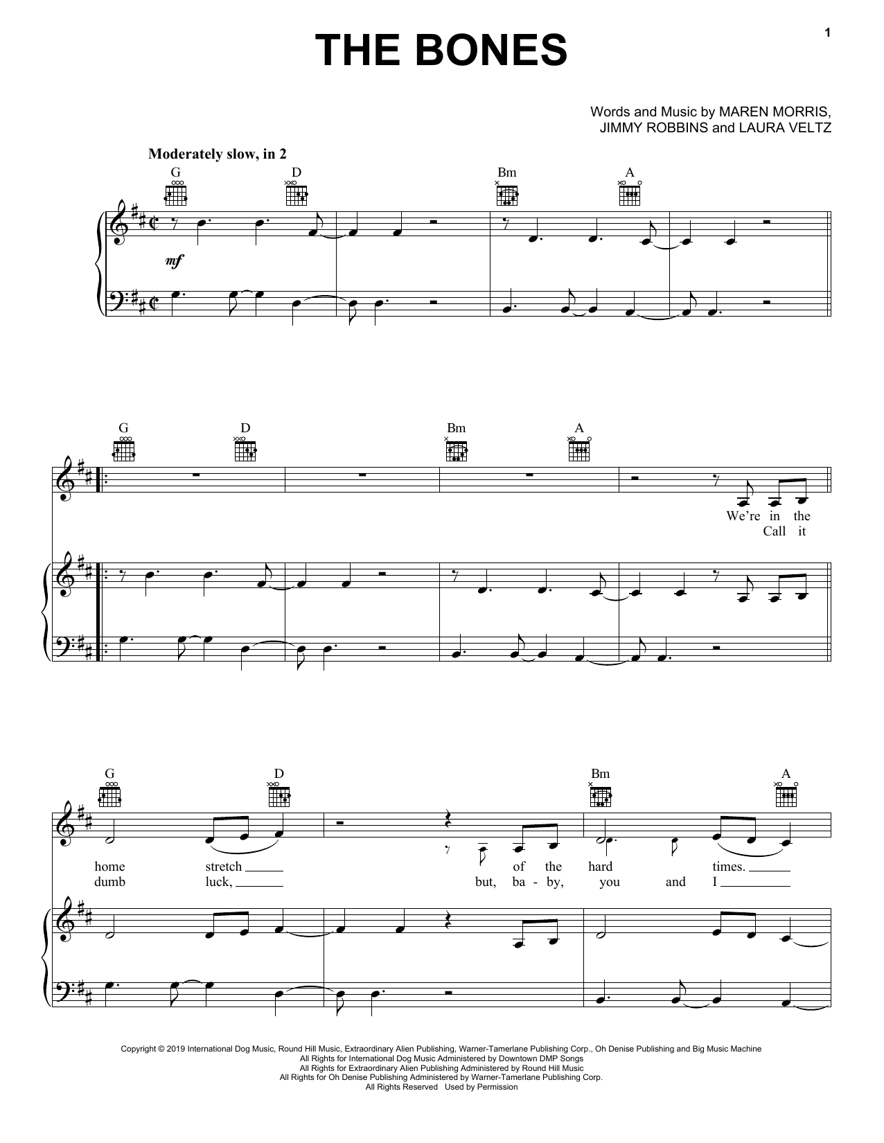 Maren Morris The Bones Sheet Music Notes & Chords for Piano, Vocal & Guitar (Right-Hand Melody) - Download or Print PDF