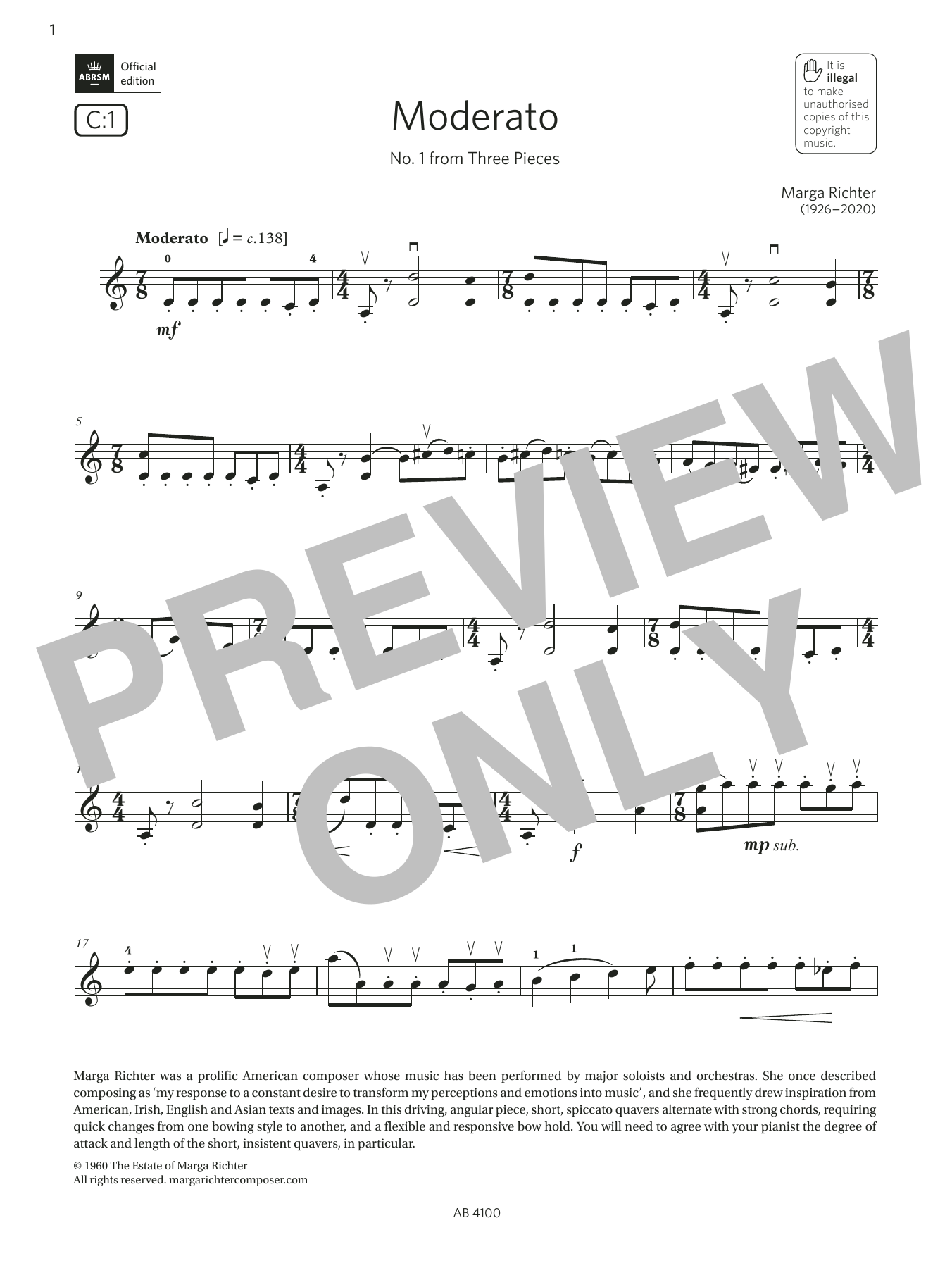 Marga Richter Moderato (Grade 6, C1, from the ABRSM Violin Syllabus from 2024) Sheet Music Notes & Chords for Violin Solo - Download or Print PDF