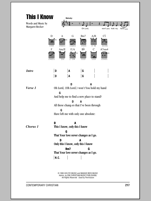 Margaret Becker This I Know Sheet Music Notes & Chords for Lyrics & Chords - Download or Print PDF Margaret Becker This I Know Sheet Music Notes & Chords for Lyrics & Chords - Download or Print PDF
