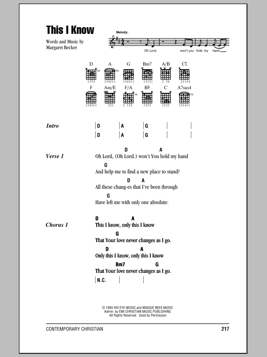 Margaret Becker This I Know Sheet Music Notes & Chords for Lyrics & Chords - Download or Print PDF