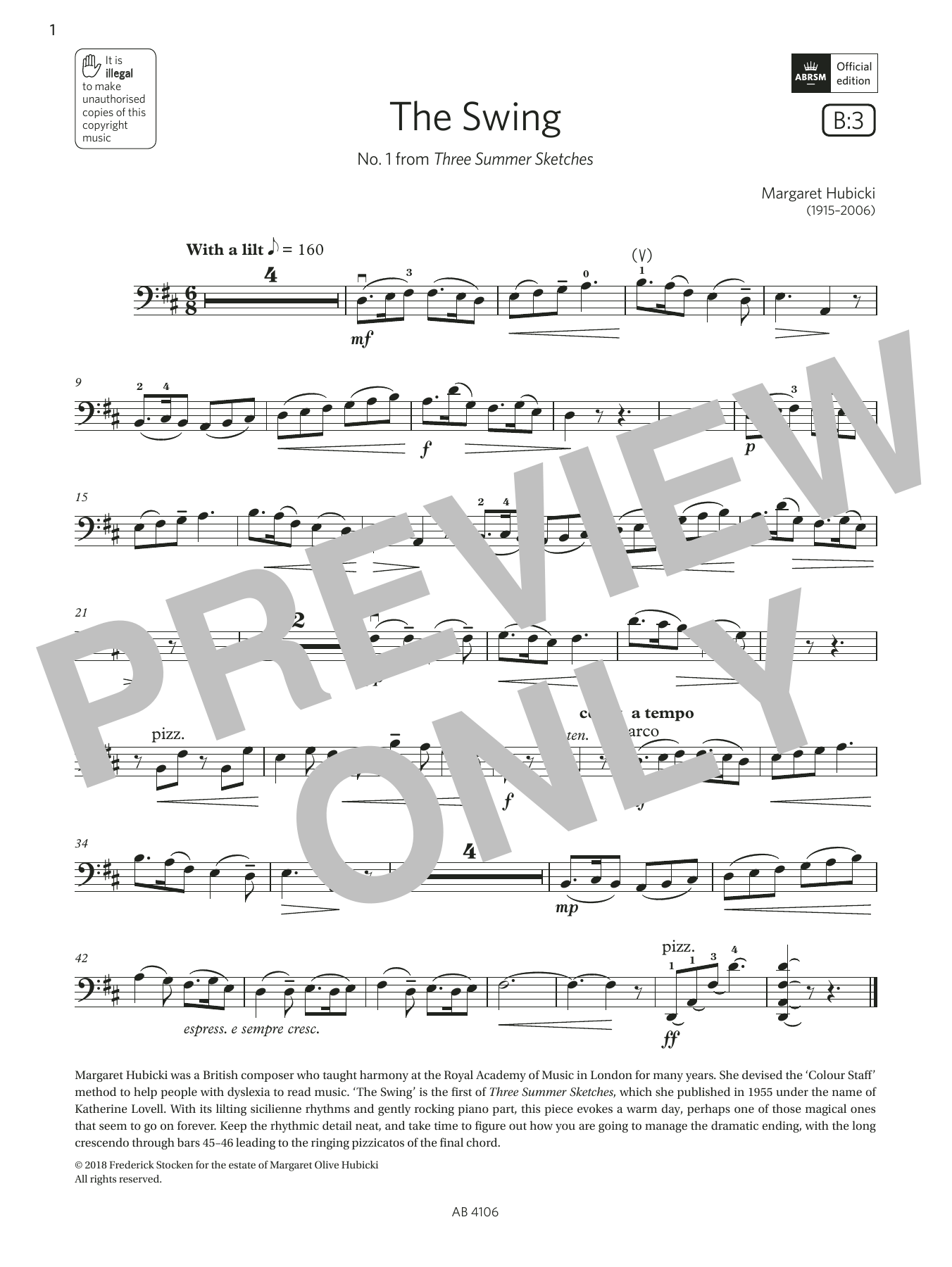 Margaret Hubicki The Swing (Grade 3, B3, from the ABRSM Cello Syllabus from 2024) Sheet Music Notes & Chords for Cello Solo - Download or Print PDF
