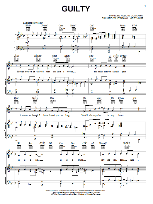Margaret Whiting Guilty Sheet Music Notes & Chords for Piano, Vocal & Guitar (Right-Hand Melody) - Download or Print PDF