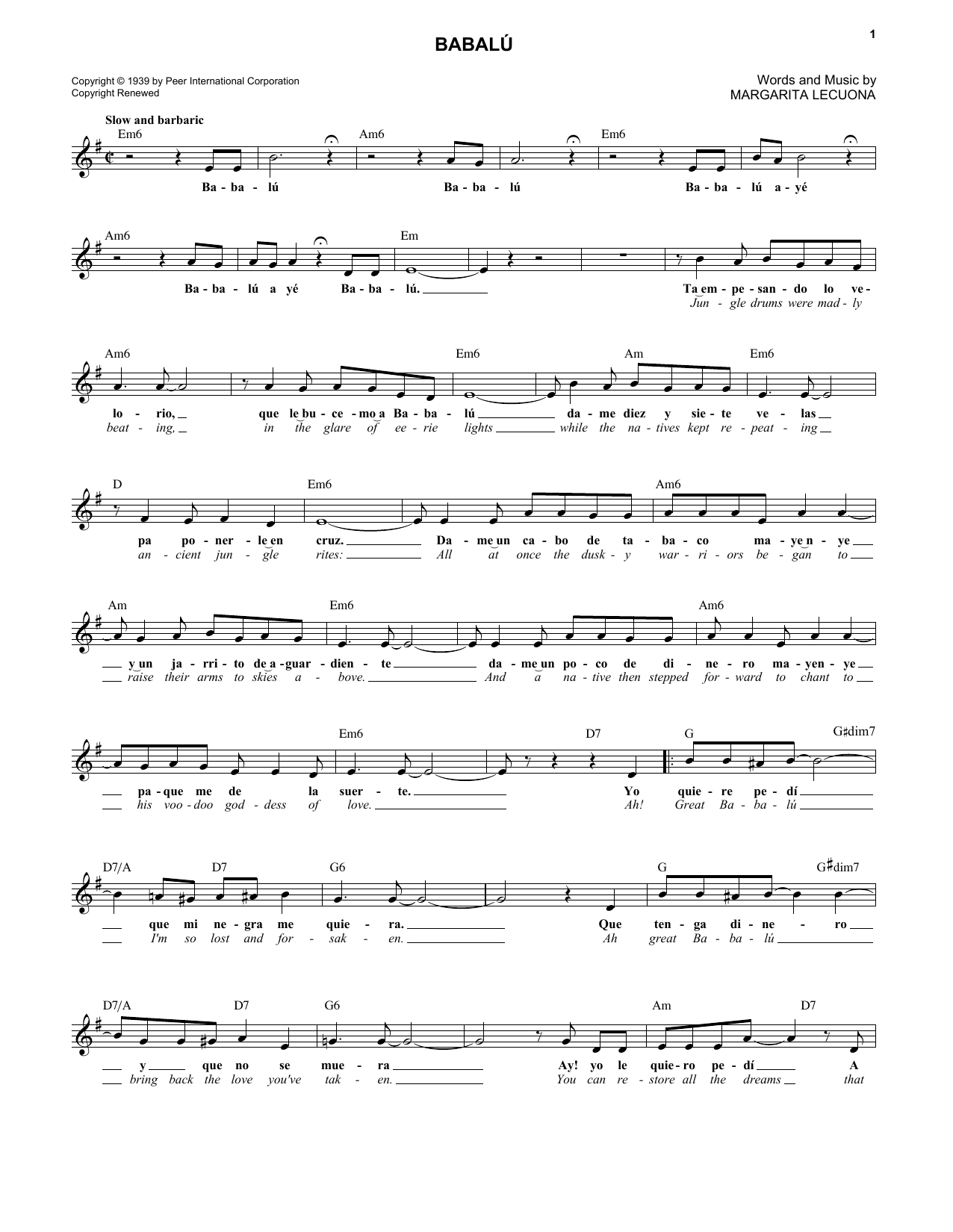 Margarita Lecuona Babalu Sheet Music Notes & Chords for Piano, Vocal & Guitar (Right-Hand Melody) - Download or Print PDF