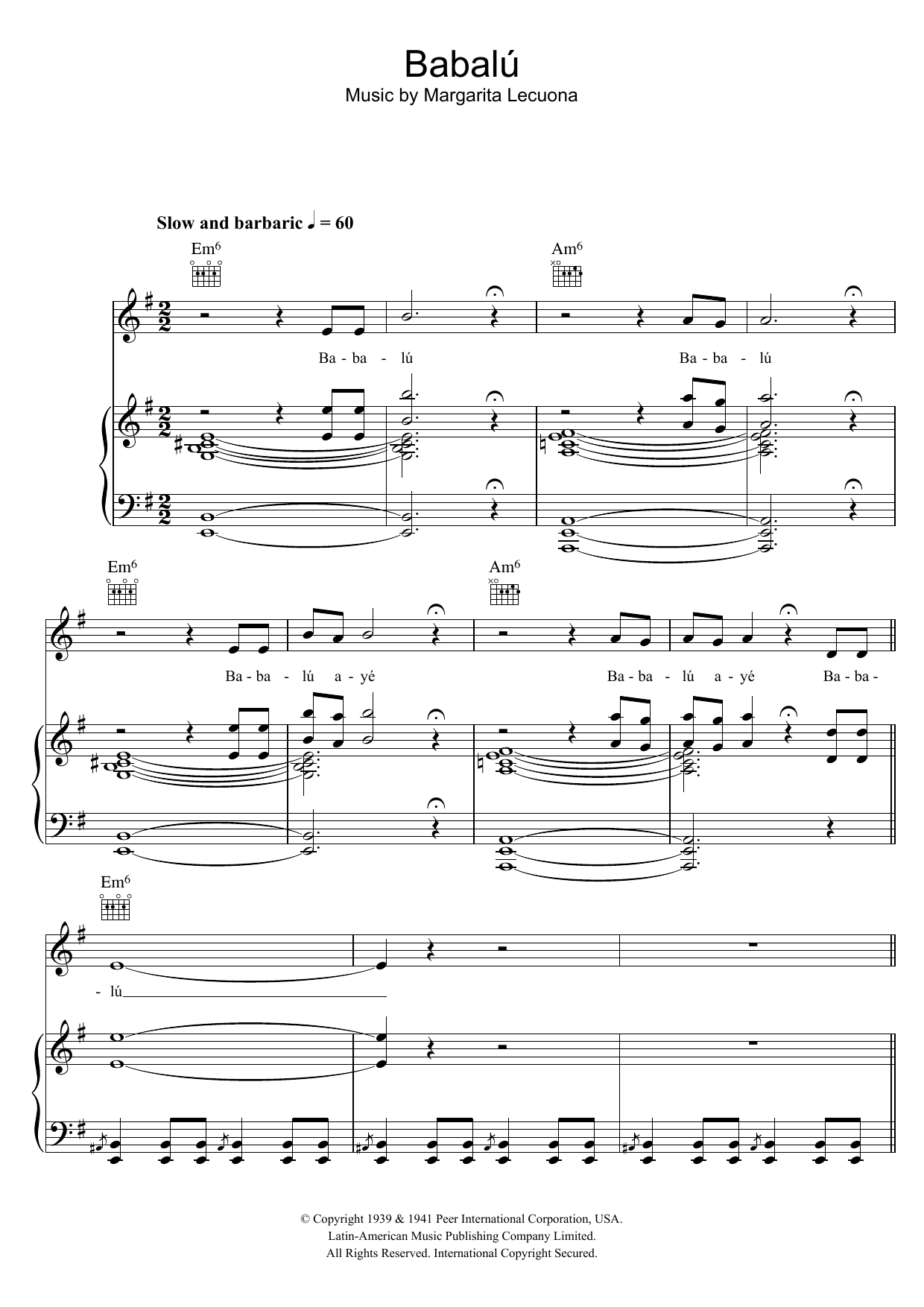 Margarita Lecuona Babalu Sheet Music Notes & Chords for Piano, Vocal & Guitar (Right-Hand Melody) - Download or Print PDF