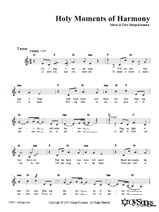 Marge Eiseman Holy Moments of Harmony Sheet Music Notes & Chords for Melody Line, Lyrics & Chords - Download or Print PDF