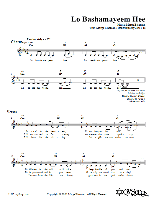 Marge Eiseman Lo Bashamayeem Hee Sheet Music Notes & Chords for Melody Line, Lyrics & Chords - Download or Print PDF