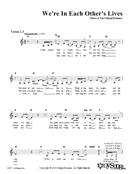 Marge Eiseman We're In Each Other's Lives Sheet Music Notes & Chords for Melody Line, Lyrics & Chords - Download or Print PDF