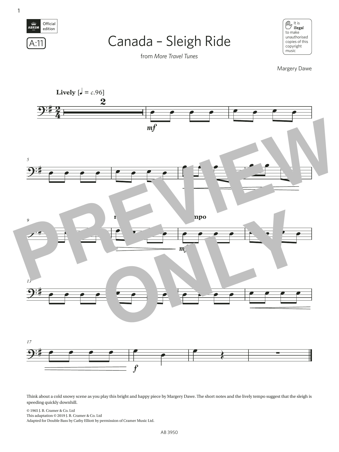 Margery Dawe Canada - Sleigh Ride (Grade Initial, A11, from the ABRSM Double Bass Syllabus from 2024) Sheet Music Notes & Chords for String Bass Solo - Download or Print PDF