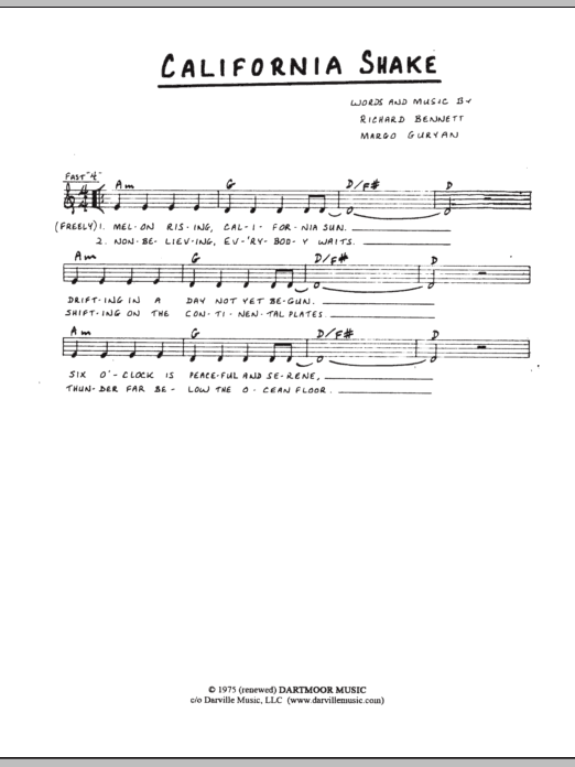 Margo Guryan California Shake Sheet Music Notes & Chords for Lead Sheet / Fake Book - Download or Print PDF