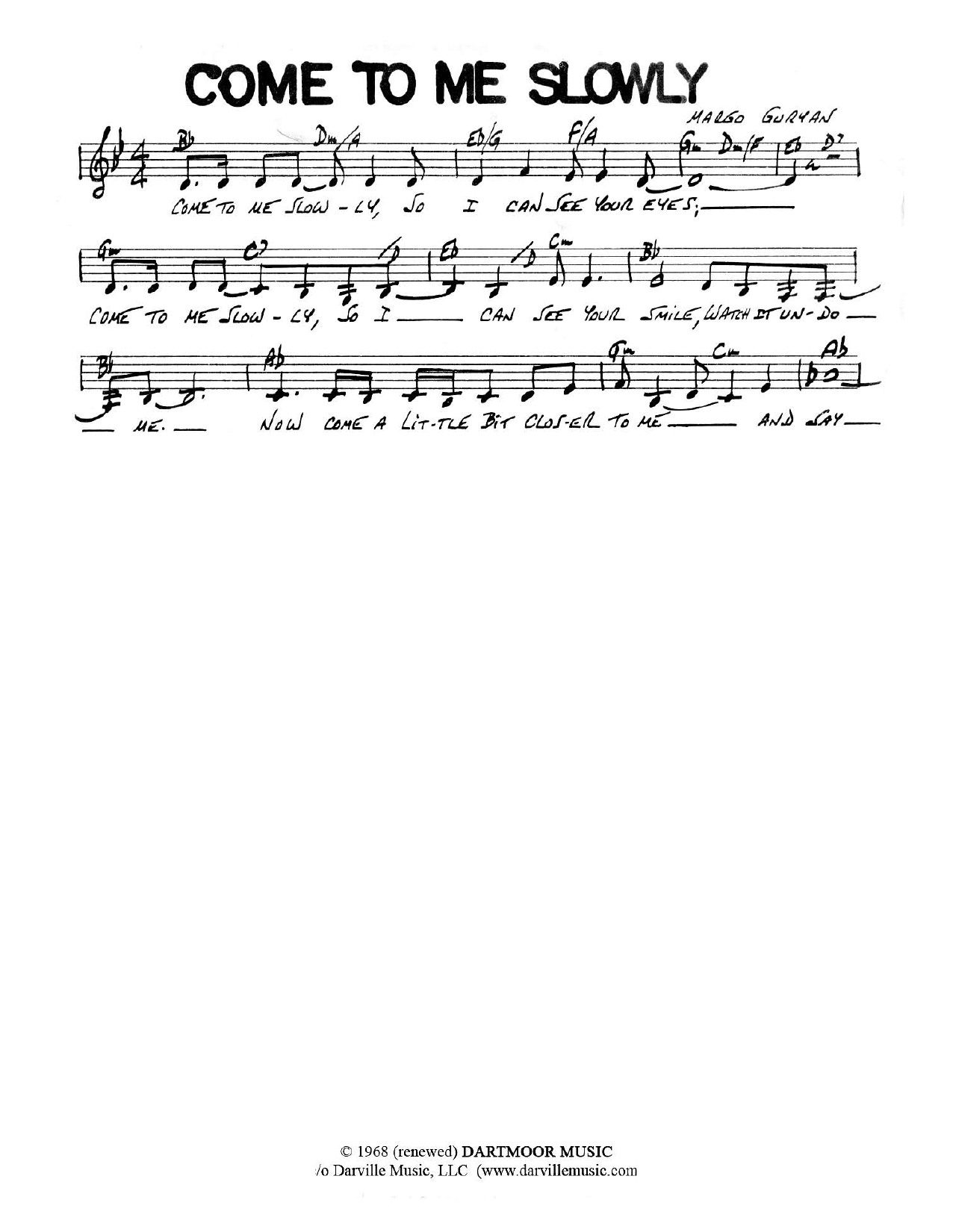 Margo Guryan Come To Me Slowly Sheet Music Notes & Chords for Melody Line, Lyrics & Chords - Download or Print PDF