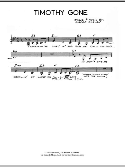 Margo Guryan Timothy Gone Sheet Music Notes & Chords for Lead Sheet / Fake Book - Download or Print PDF