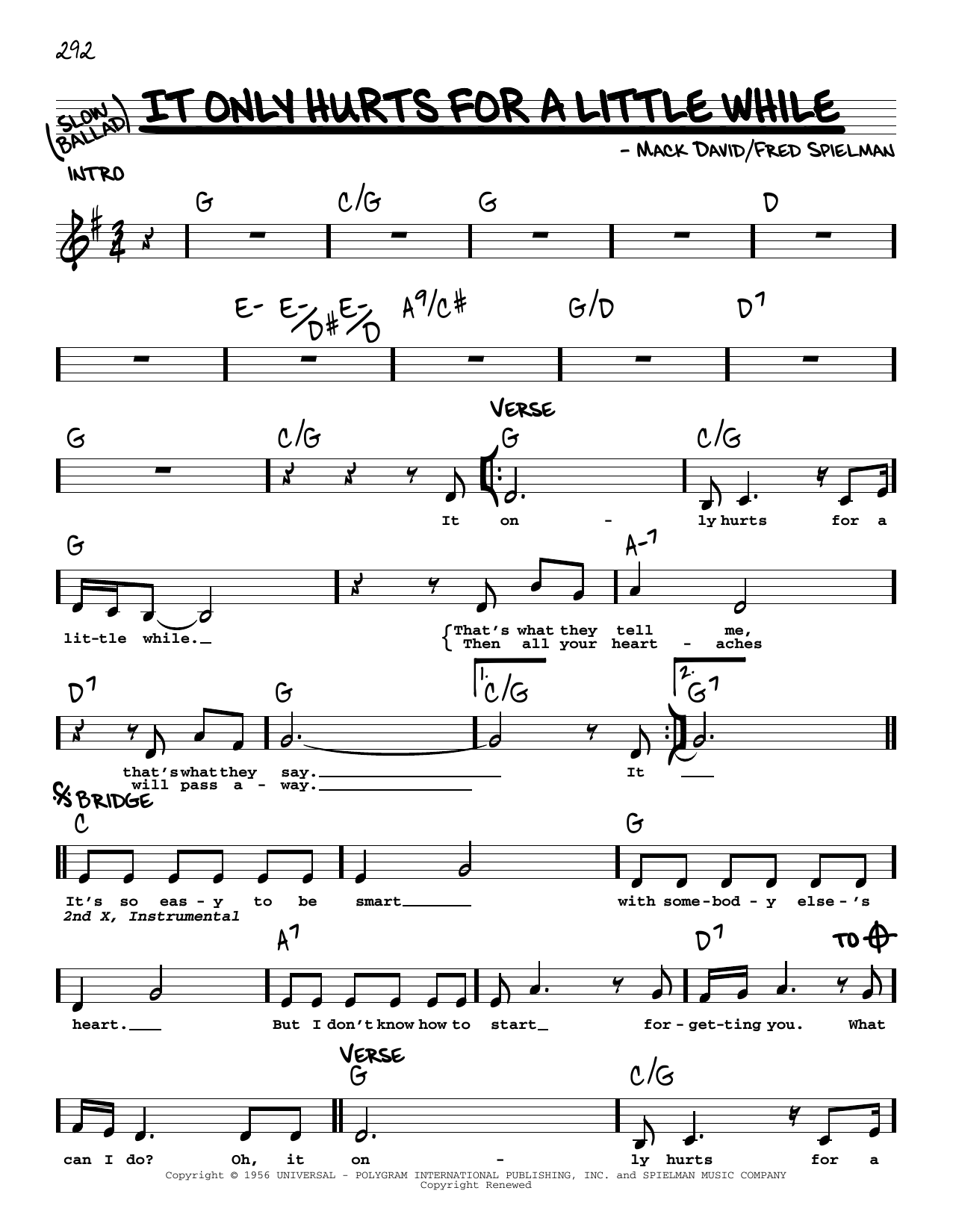 Margo Smith It Only Hurts For A Little While Sheet Music Notes & Chords for Piano, Vocal & Guitar Chords (Right-Hand Melody) - Download or Print PDF