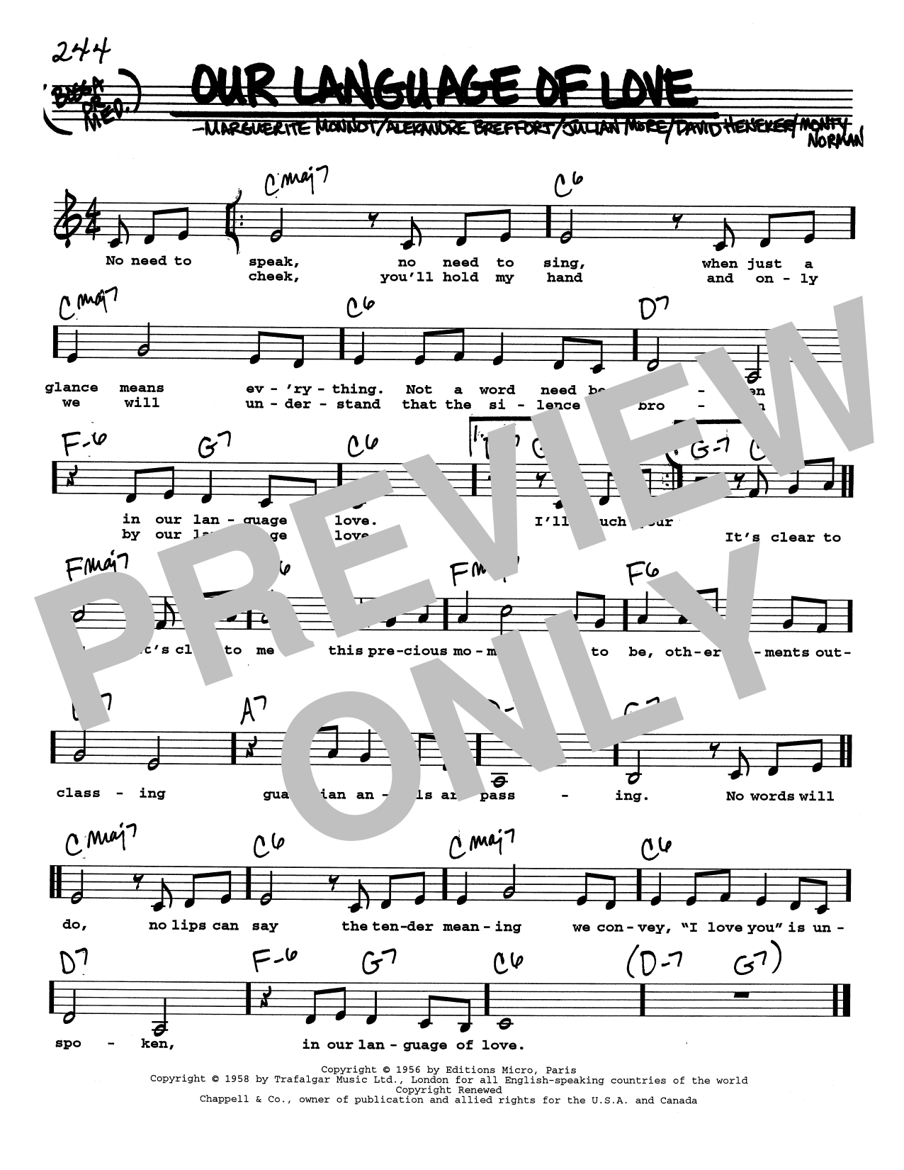 Marguerite Monnot Our Language Of Love (Low Voice) Sheet Music Notes & Chords for Real Book – Melody, Lyrics & Chords - Download or Print PDF