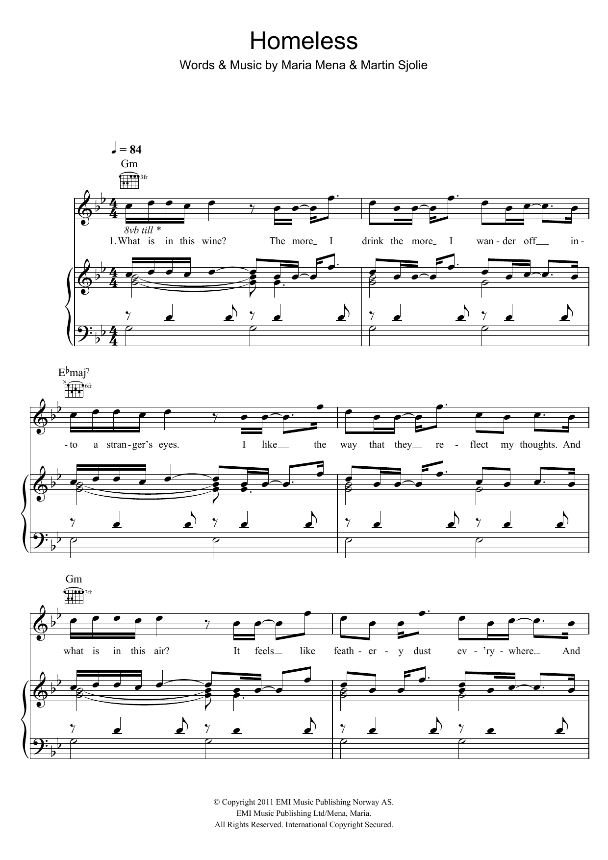 Maria Mena Homeless Sheet Music Notes & Chords for Piano, Vocal & Guitar (Right-Hand Melody) - Download or Print PDF