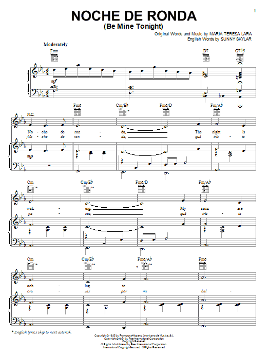 Maria Teresa Lara Noche De Ronda (Be Mine Tonight) Sheet Music Notes & Chords for Piano, Vocal & Guitar (Right-Hand Melody) - Download or Print PDF