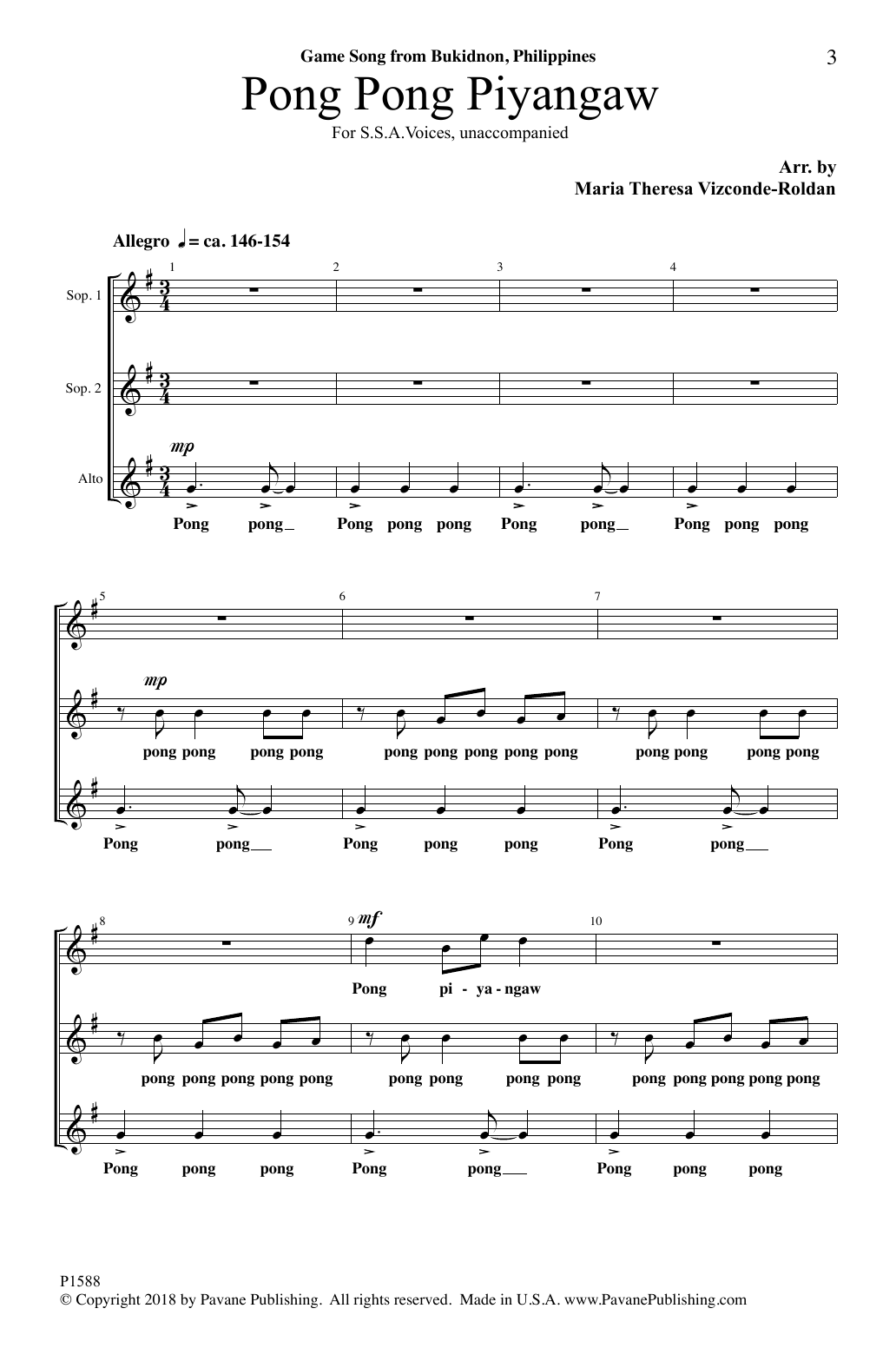 Maria Theresa Vizconde-Roldan Pong Pong Piyangaw Sheet Music Notes & Chords for SSA Choir - Download or Print PDF