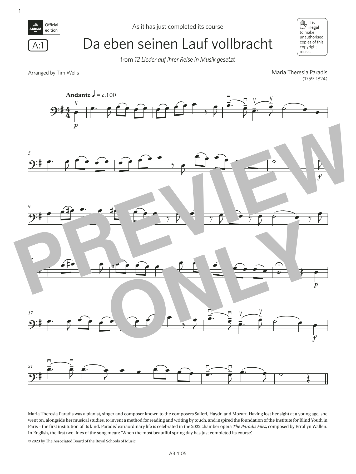 Maria Theresia Paradis Da eben seinen Lauf volbracht (Grade 2, A1, from the ABRSM Cello Syllabus from 2024) Sheet Music Notes & Chords for Cello Solo - Download or Print PDF