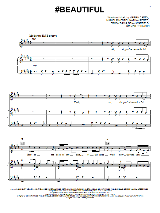 Mariah Carey #Beautiful Sheet Music Notes & Chords for Piano, Vocal & Guitar (Right-Hand Melody) - Download or Print PDF