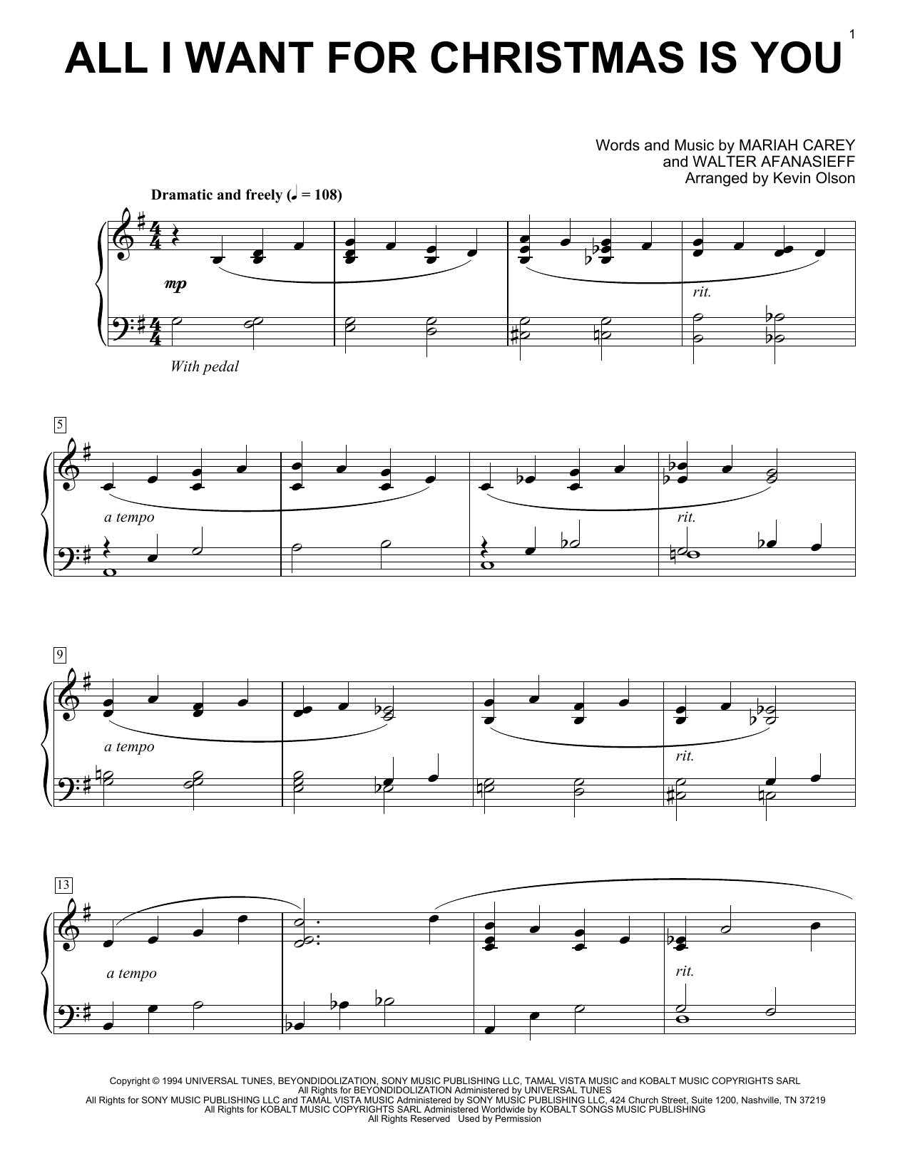 Mariah Carey All I Want For Christmas Is You (arr. Kevin Olson) Sheet Music Notes & Chords for Easy Piano Solo - Download or Print PDF