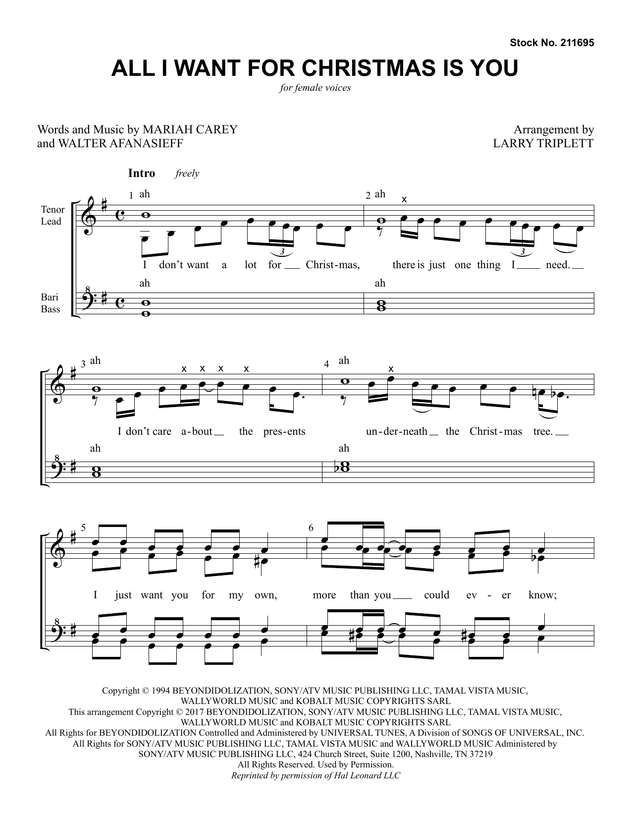 Mariah Carey All I Want For Christmas Is You (arr. Larry Triplett) Sheet Music Notes & Chords for TTBB Choir - Download or Print PDF