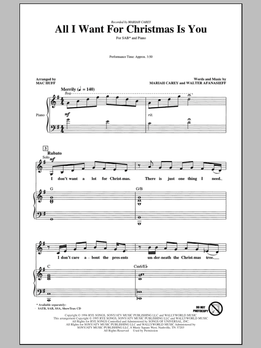 Mariah Carey All I Want For Christmas Is You (arr. Mac Huff) Sheet Music Notes & Chords for SATB - Download or Print PDF