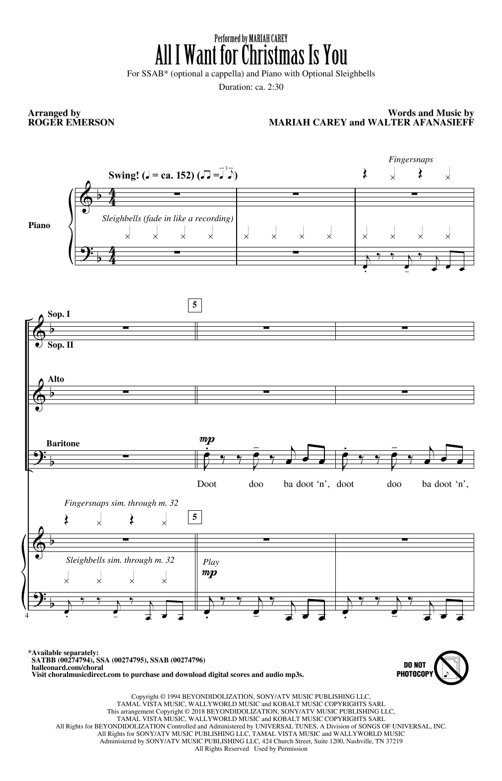 Mariah Carey All I Want For Christmas Is You (arr. Roger Emerson) Sheet Music Notes & Chords for SSA - Download or Print PDF