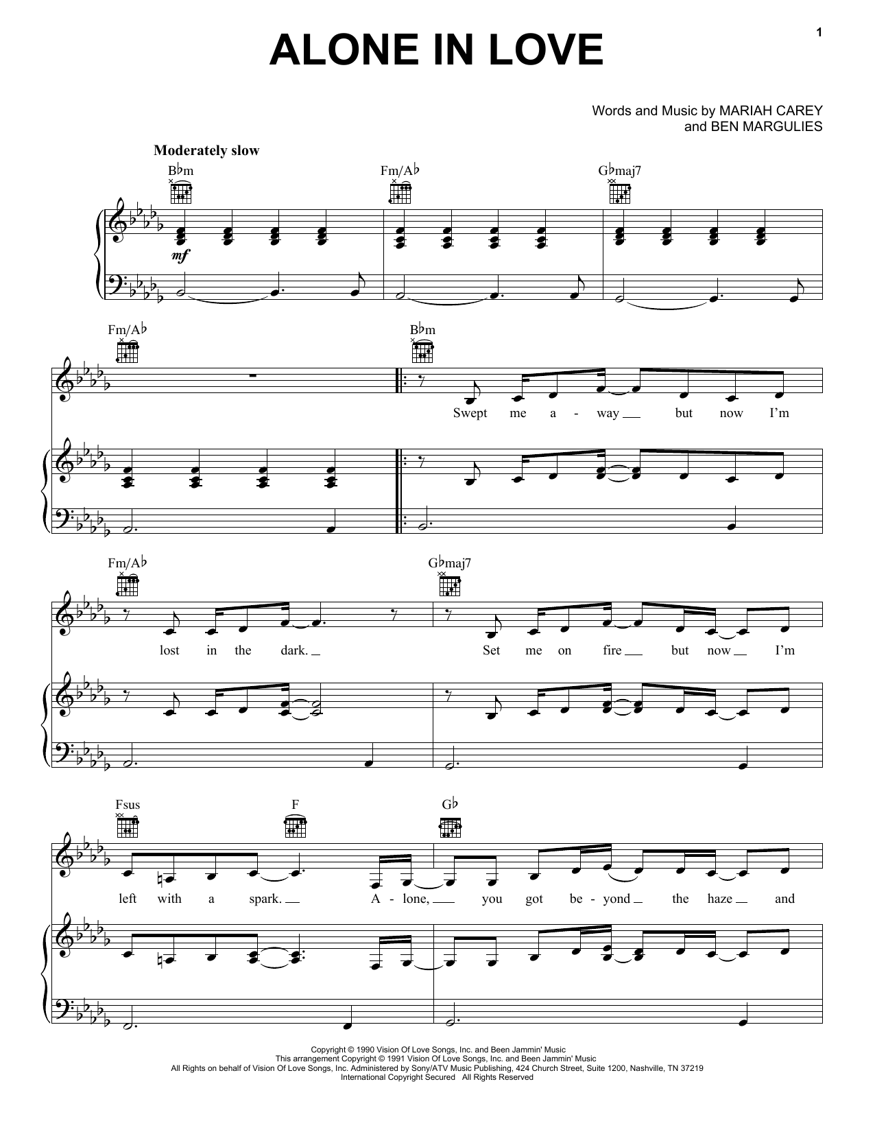 Mariah Carey Alone In Love Sheet Music Notes & Chords for Piano, Vocal & Guitar (Right-Hand Melody) - Download or Print PDF