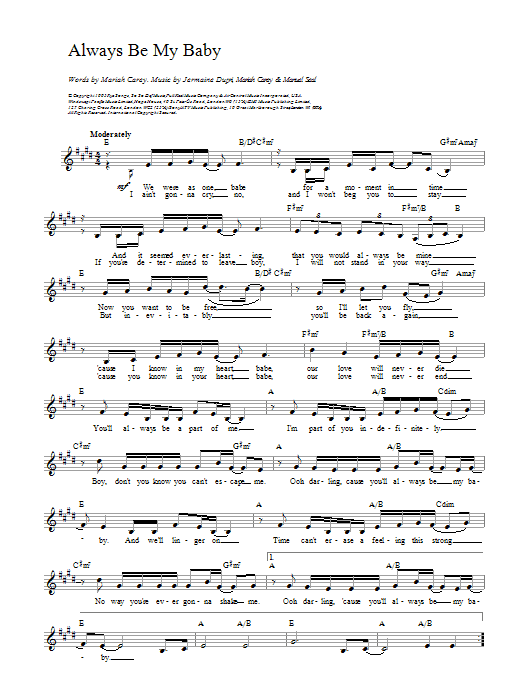 Mariah Carey Always Be My Baby Sheet Music Notes & Chords for Melody Line, Lyrics & Chords - Download or Print PDF