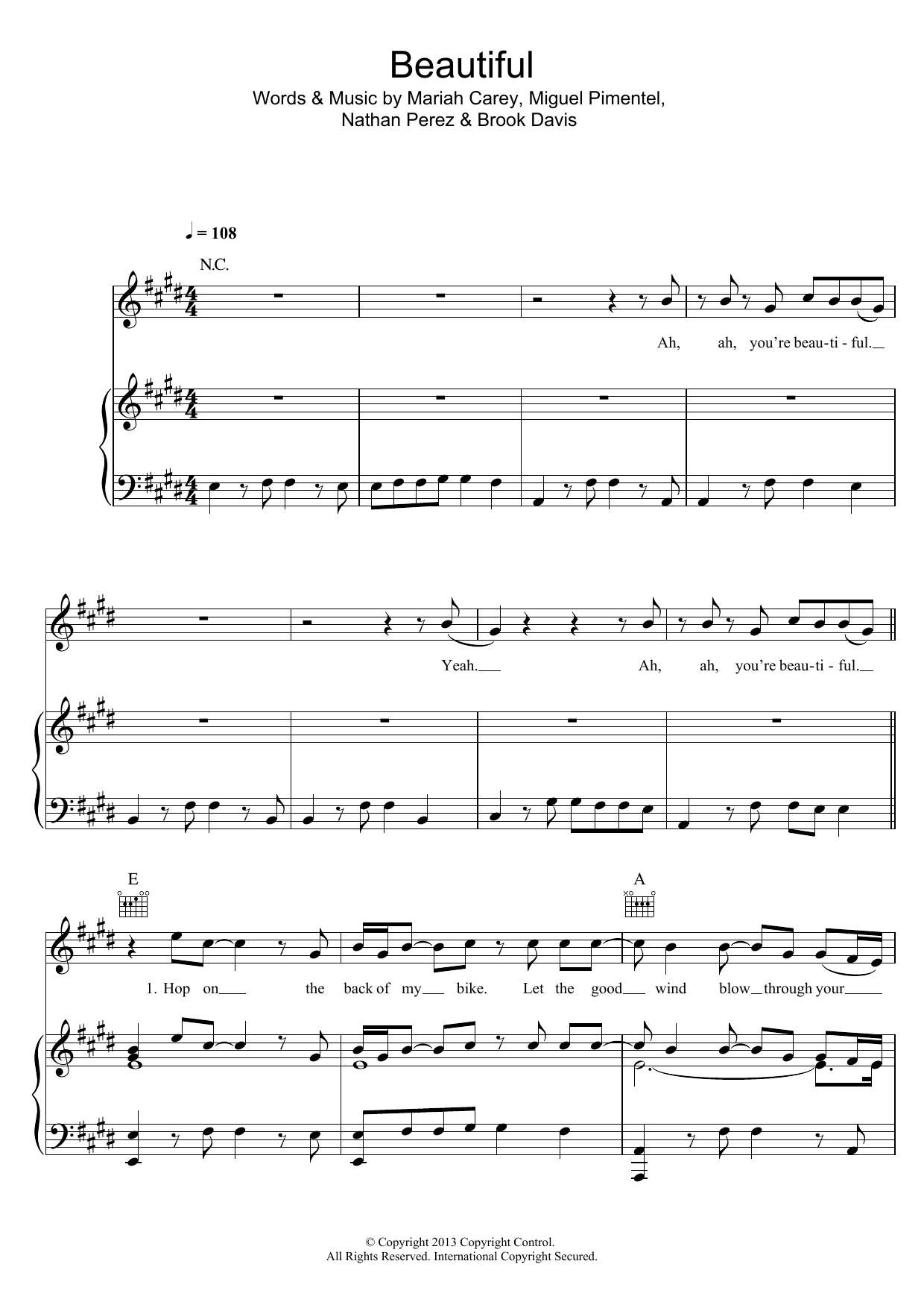 Mariah Carey Beautiful (featuring Miguel) Sheet Music Notes & Chords for Piano, Vocal & Guitar - Download or Print PDF