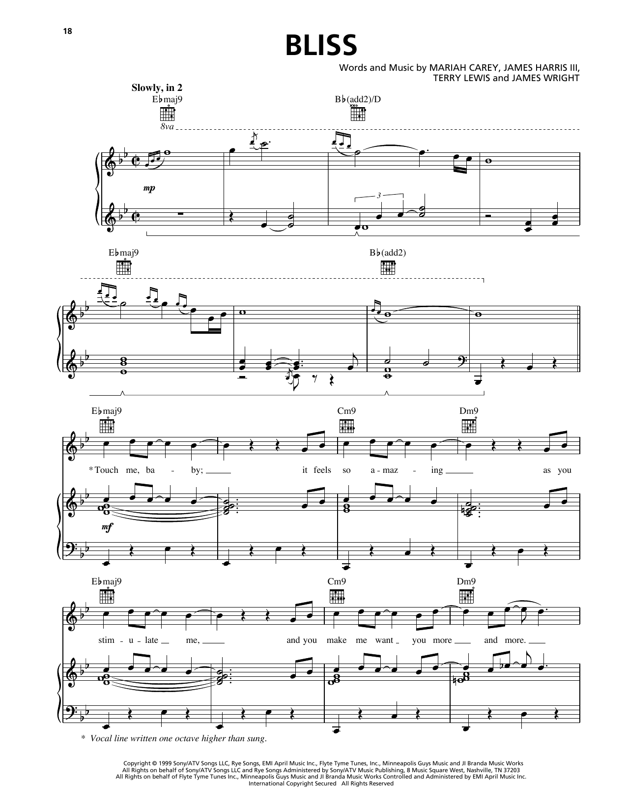 Mariah Carey Bliss Sheet Music Notes & Chords for Piano, Vocal & Guitar (Right-Hand Melody) - Download or Print PDF