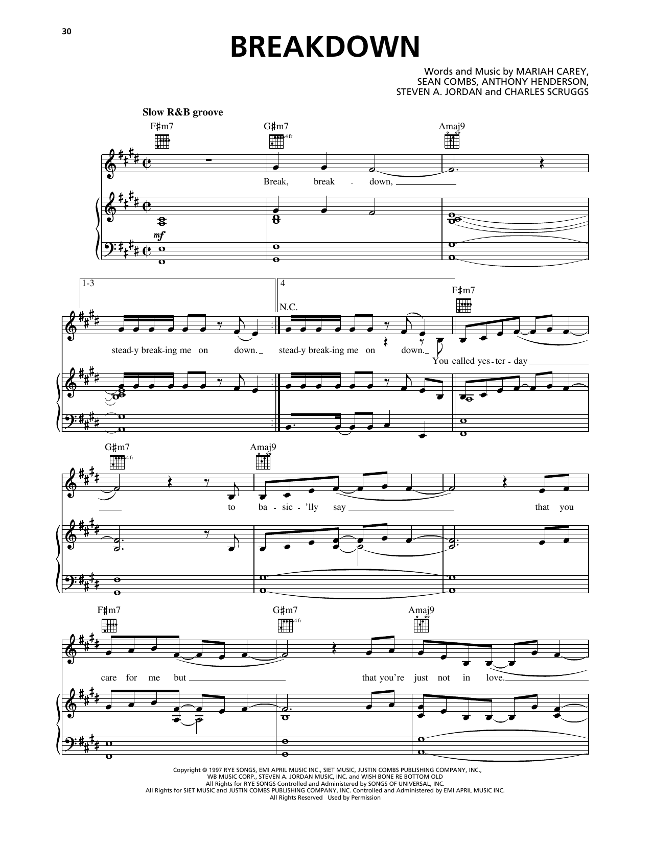 Mariah Carey Breakdown (feat. Krayzie Bone & Wish Bone) Sheet Music Notes & Chords for Piano, Vocal & Guitar Chords (Right-Hand Melody) - Download or Print PDF