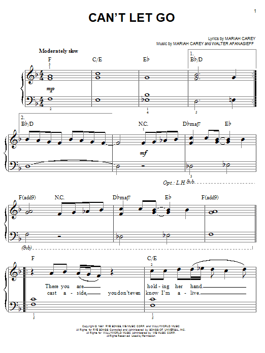 Mariah Carey Can't Let Go Sheet Music Notes & Chords for Piano, Vocal & Guitar (Right-Hand Melody) - Download or Print PDF