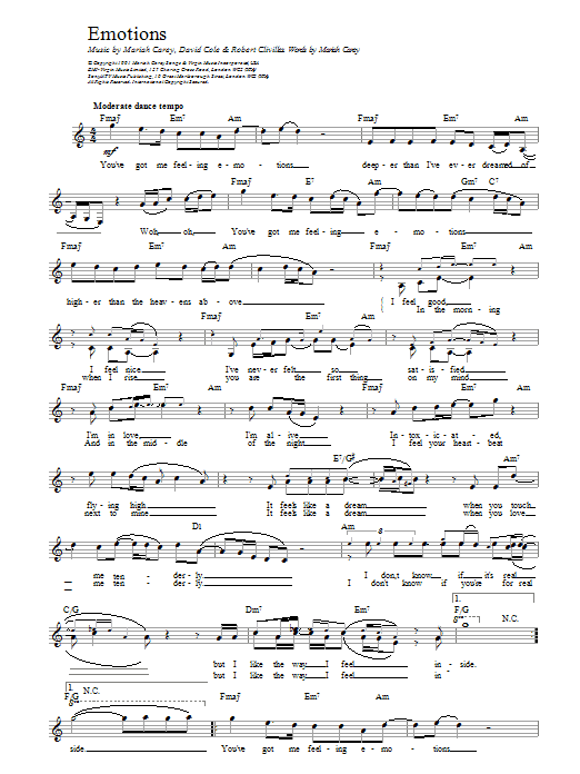 Mariah Carey Emotions Sheet Music Notes & Chords for Piano, Vocal & Guitar (Right-Hand Melody) - Download or Print PDF