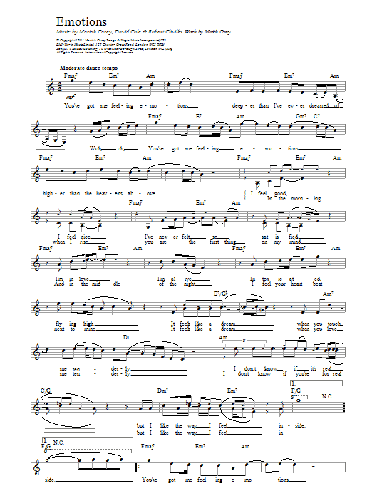 Mariah Carey Emotions Sheet Music Notes & Chords for Melody Line, Lyrics & Chords - Download or Print PDF