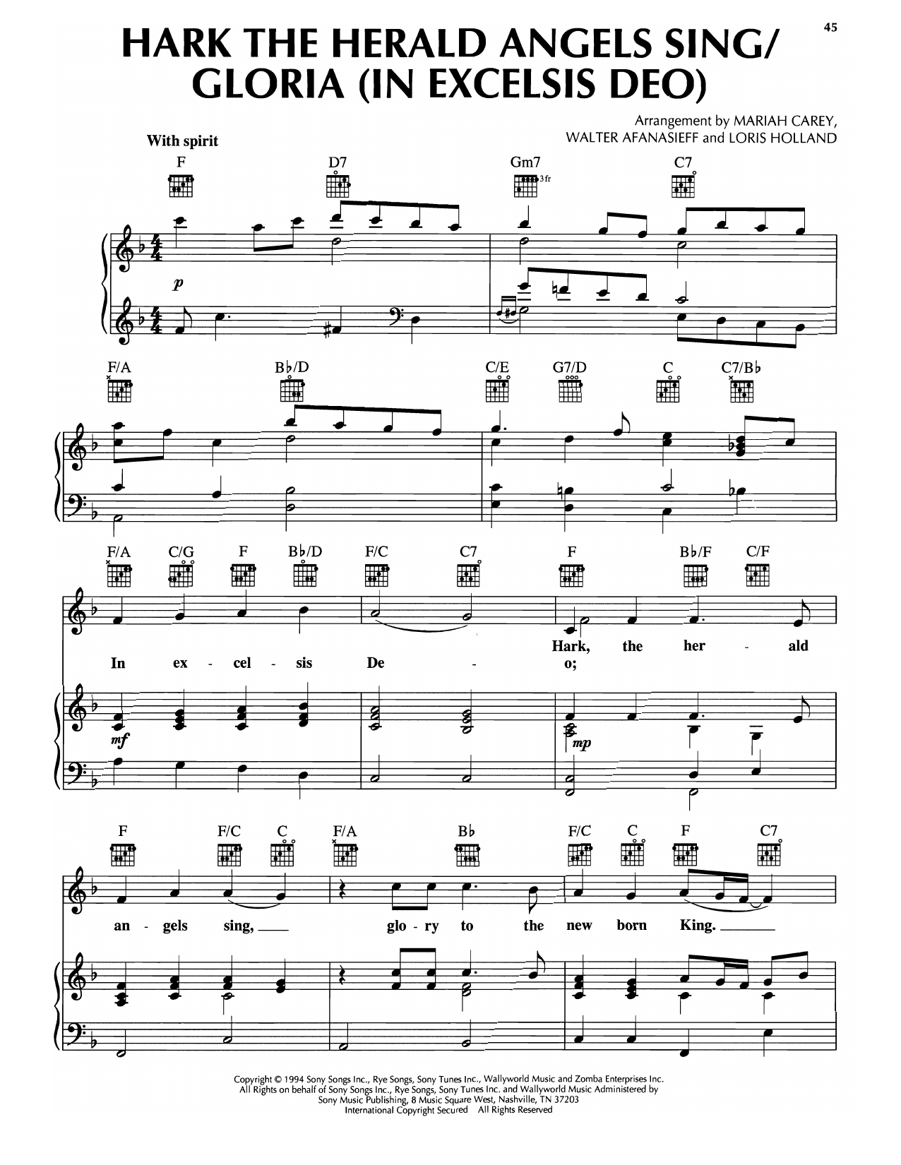 Mariah Carey Hark The Herald Angels Sing/Gloria (In Excelsis Deo) Sheet Music Notes & Chords for Piano, Vocal & Guitar Chords (Right-Hand Melody) - Download or Print PDF