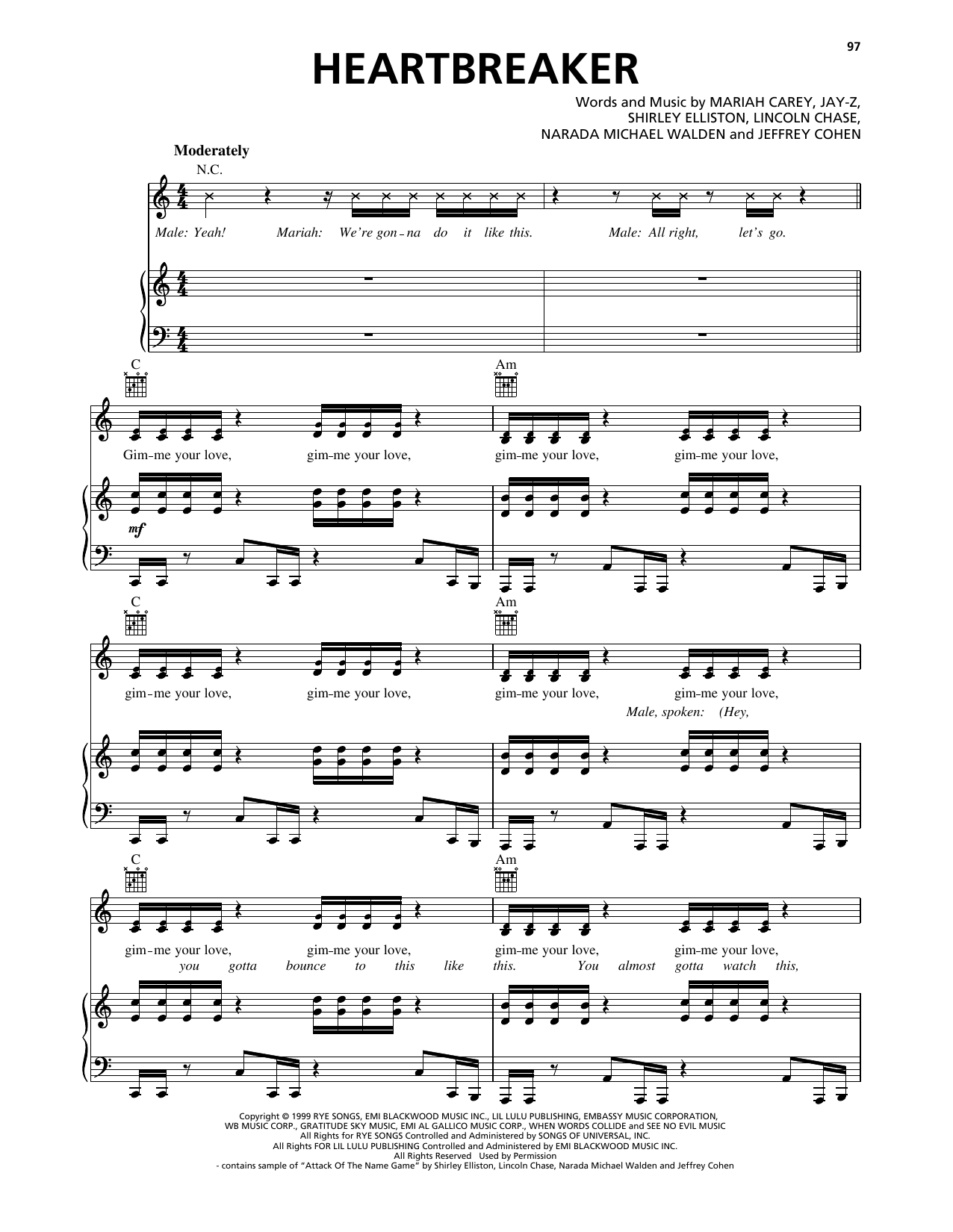 Mariah Carey Heartbreaker (feat. JAY-Z) Sheet Music Notes & Chords for Piano, Vocal & Guitar Chords (Right-Hand Melody) - Download or Print PDF